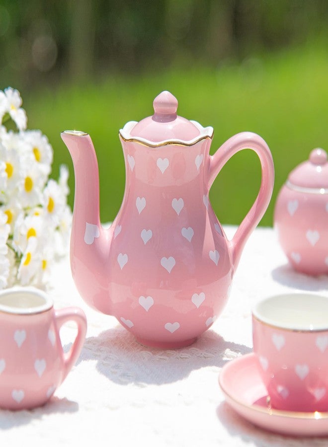 TUZT Tea Party Set for Little Girls Ages 3-8, Pink Heart Porcelain Tea Set with Gold Trim Edges, Princess Tea Time Toy Includes Pot & Cups & Saucers & Suitcase, Birthday Gifts for Toddlers Girls - Image 5